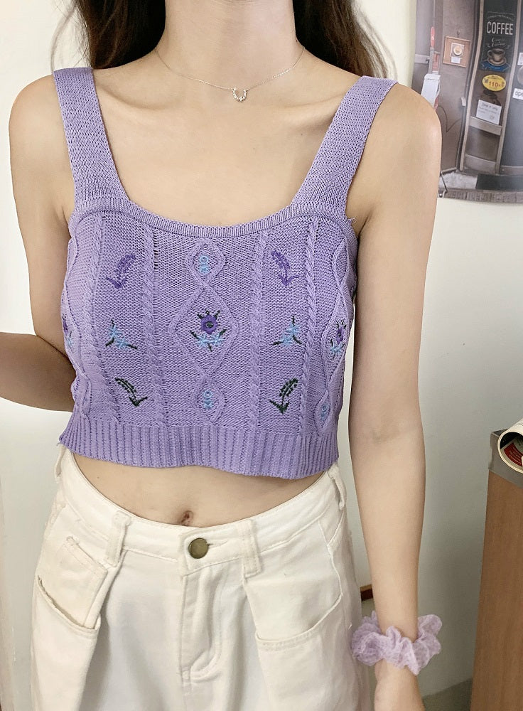 White Floral Embroidered Knitted Crop Top