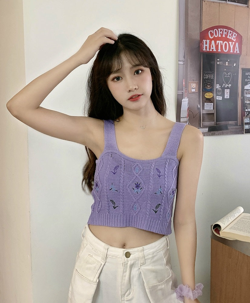 White Floral Embroidered Knitted Crop Top