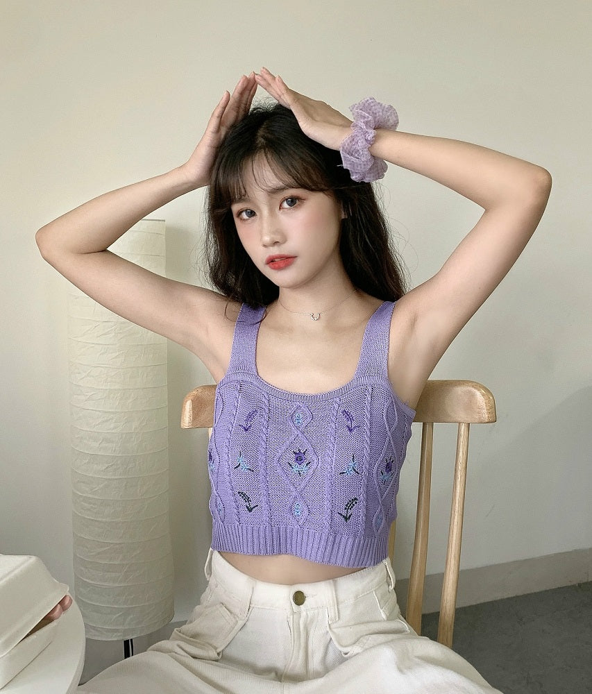 White Floral Embroidered Knitted Crop Top