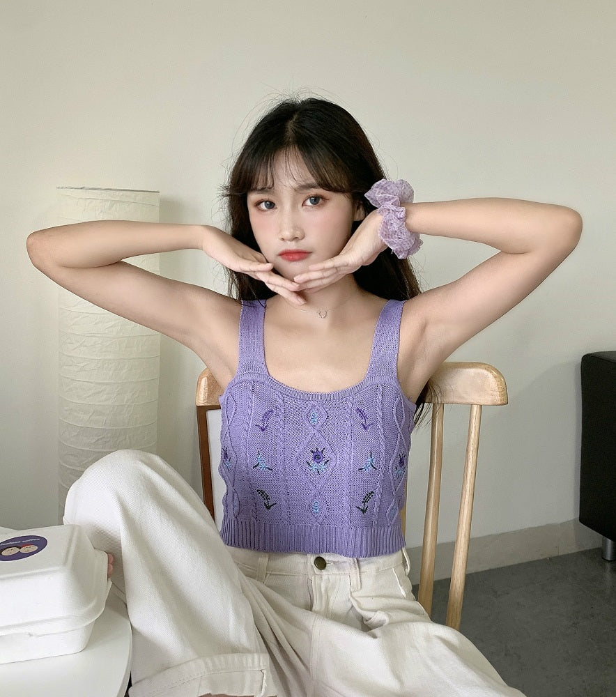 White Floral Embroidered Knitted Crop Top
