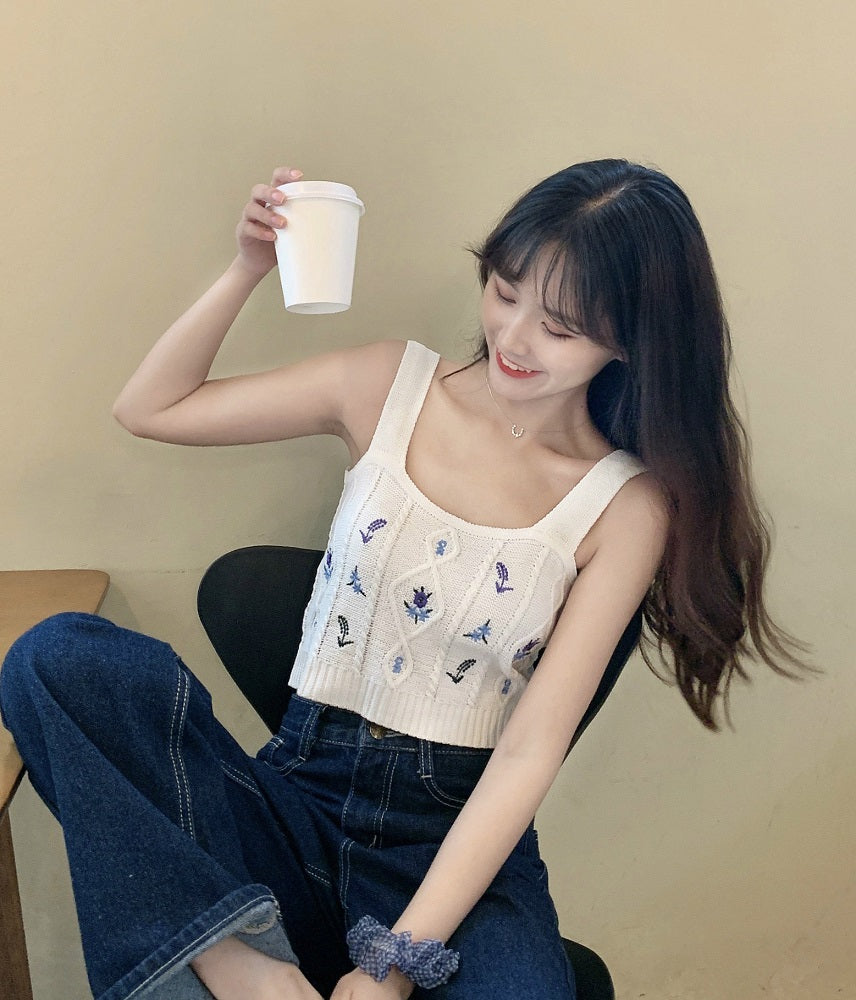 White Floral Embroidered Knitted Crop Top
