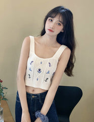 White Floral Embroidered Knitted Crop Top