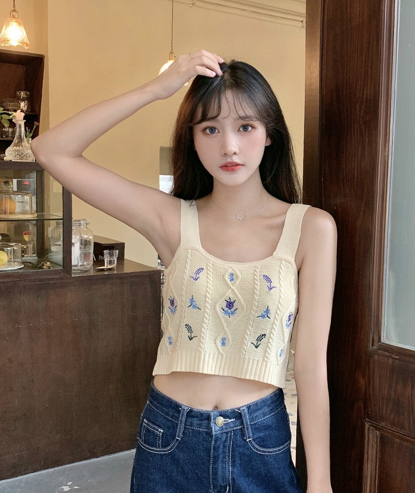 White Floral Embroidered Knitted Crop Top