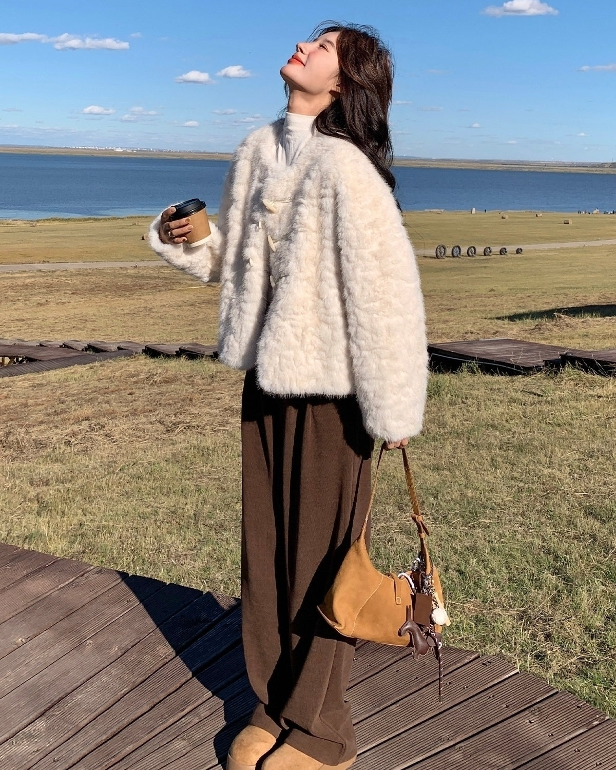 Eco Friendly Faux Fur Cozy Slim Fit Jacket Ivory