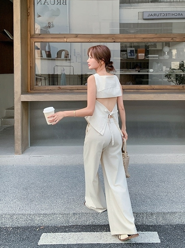 Elegant Backless Top And High Waist Wide Leg Set