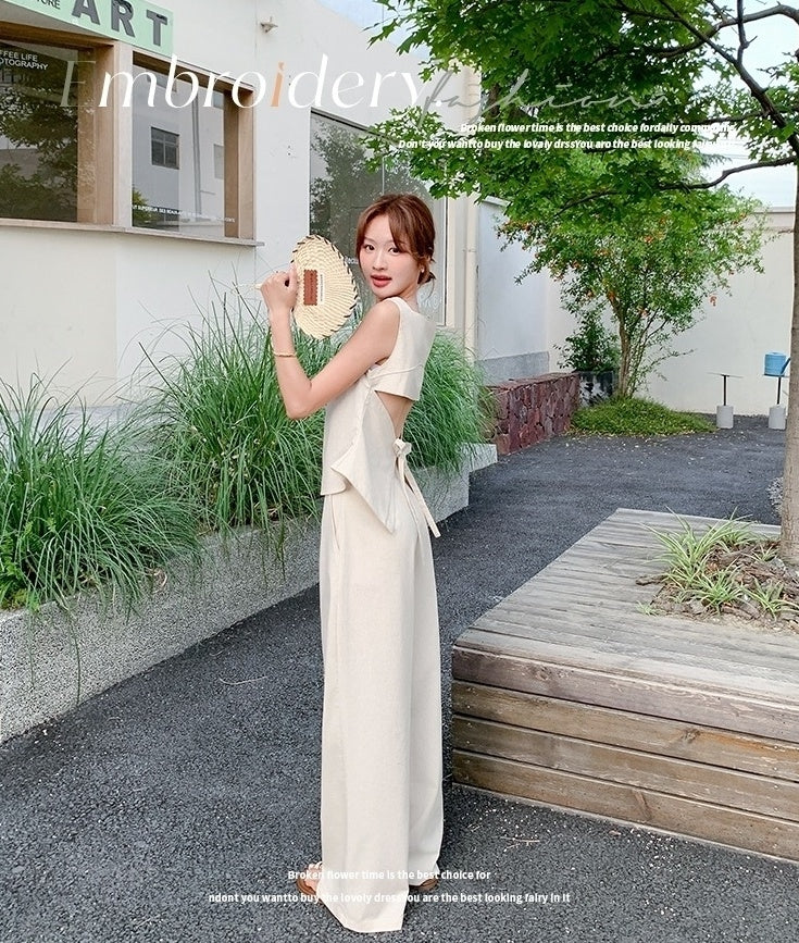 Elegant Backless Top And High Waist Wide Leg Set