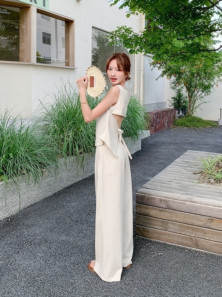 Elegant Backless Top And High Waist Wide Leg Set