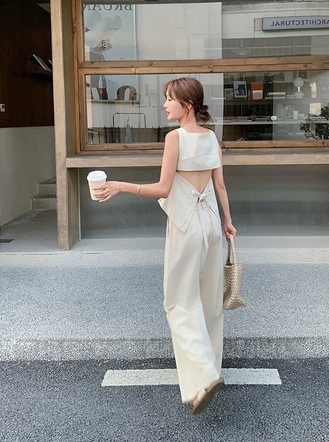Elegant Backless Top And High Waist Wide Leg Set