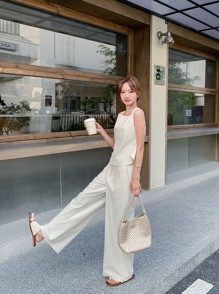 Elegant Backless Top And High Waist Wide Leg Set