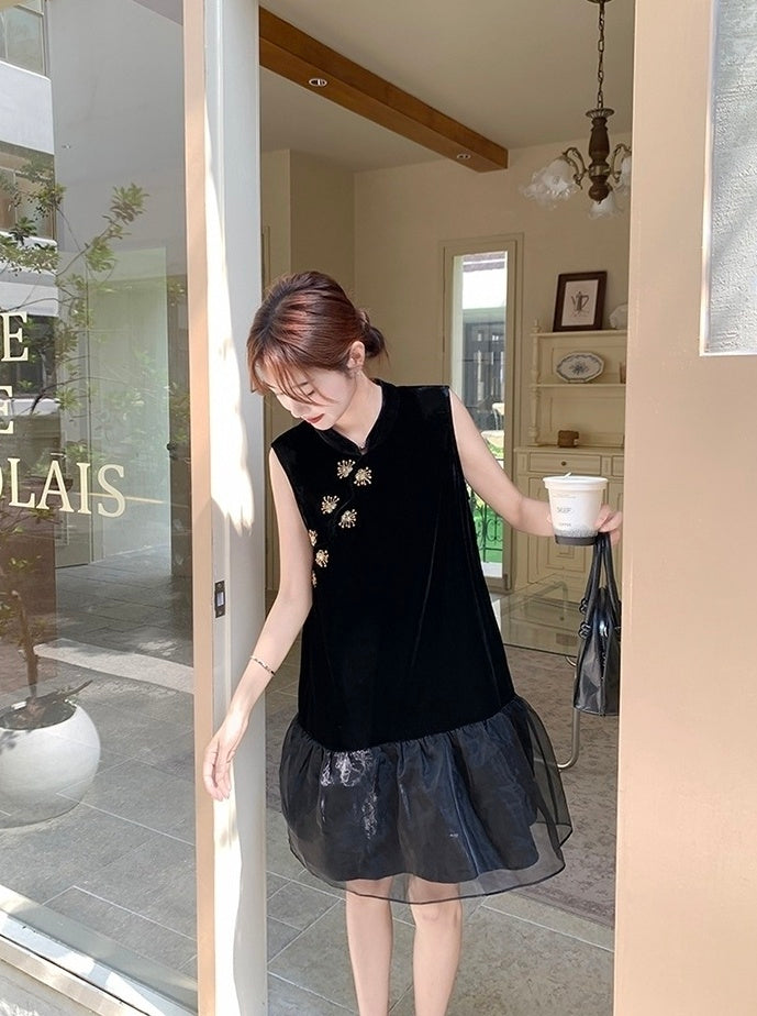Elegant Black Mandarin Collar A Line Dress