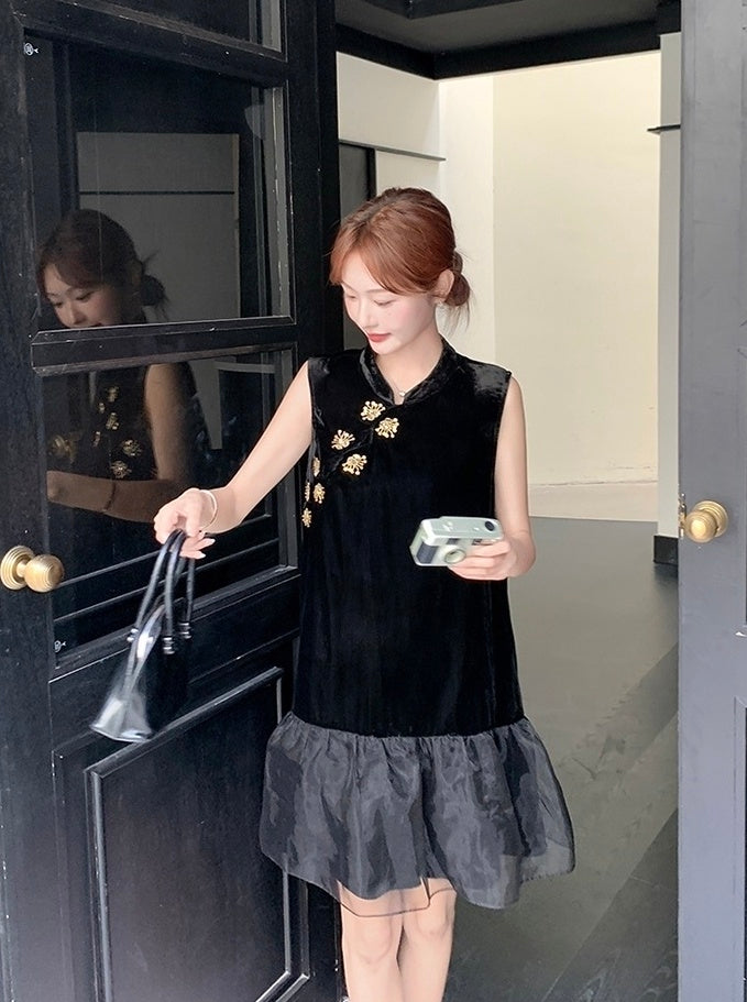 Elegant Black Mandarin Collar A Line Dress