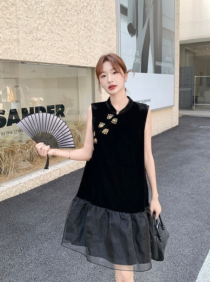 Elegant Black Mandarin Collar A Line Dress