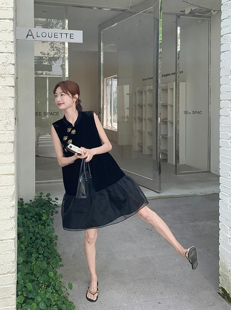 Elegant Black Mandarin Collar A Line Dress