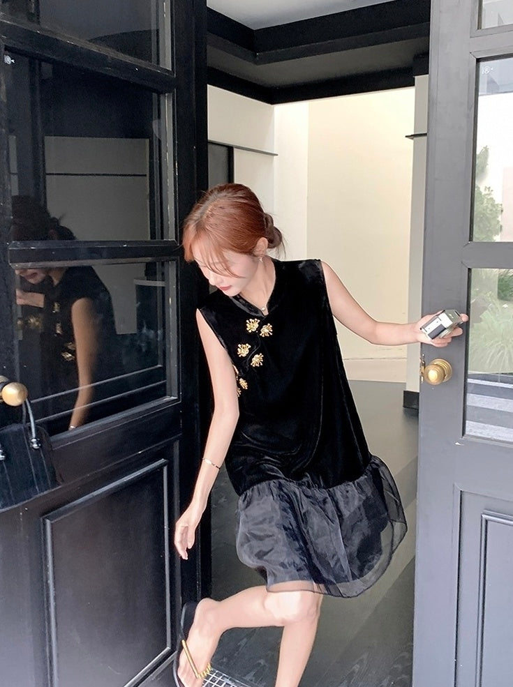Elegant Black Mandarin Collar A Line Dress