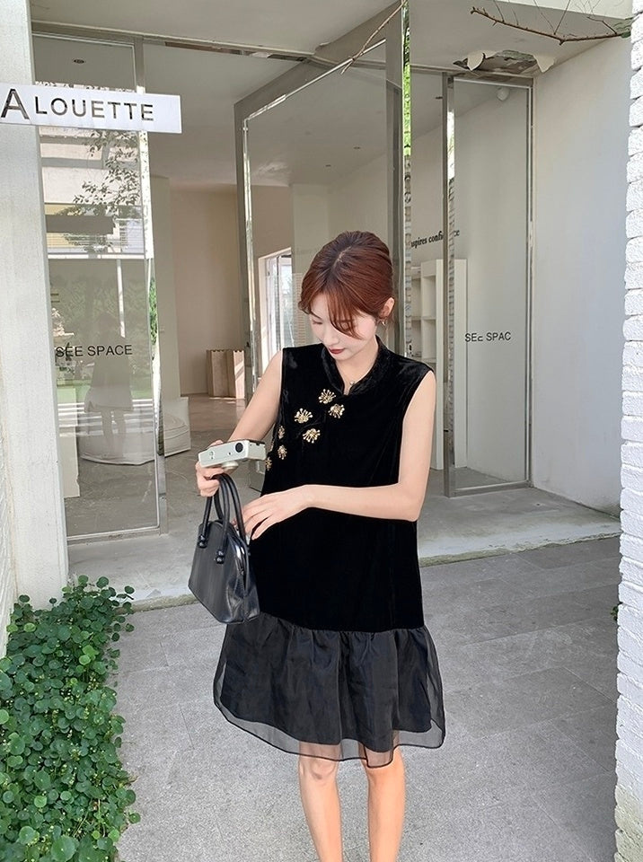 Elegant Black Mandarin Collar A Line Dress