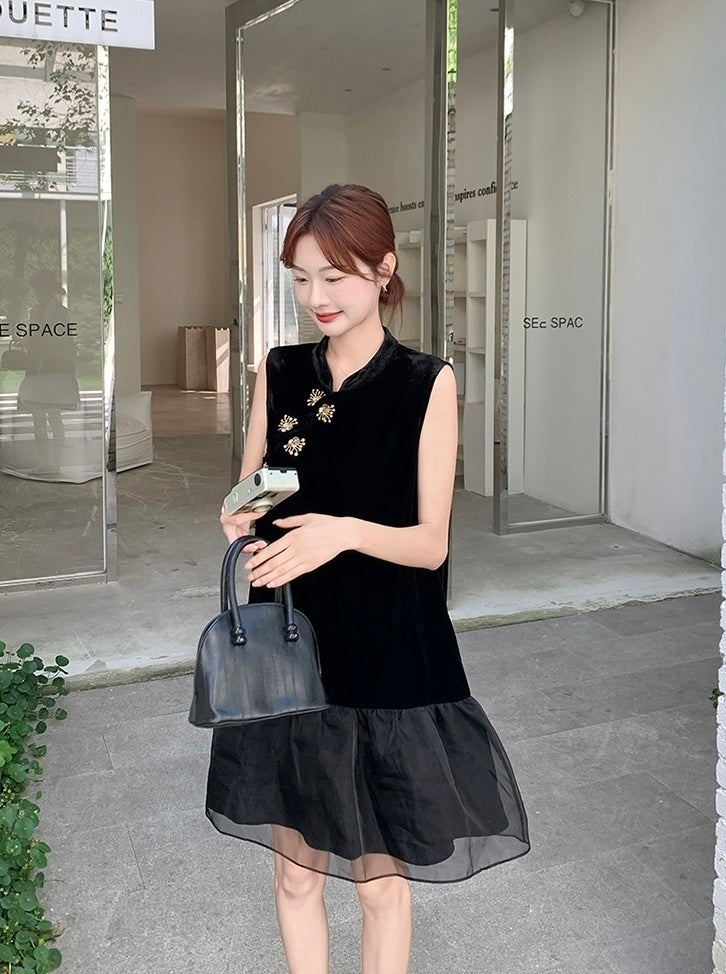 Elegant Black Mandarin Collar A Line Dress