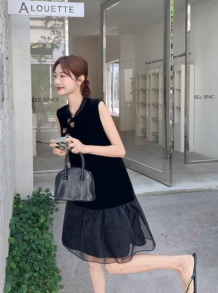 Elegant Black Mandarin Collar A Line Dress