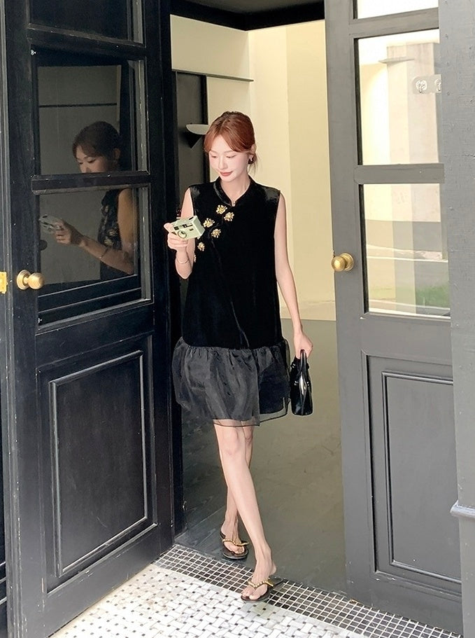 Elegant Black Mandarin Collar A Line Dress