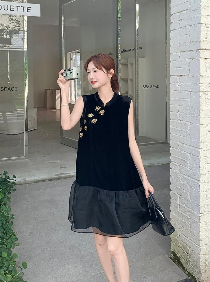 Elegant Black Mandarin Collar A Line Dress