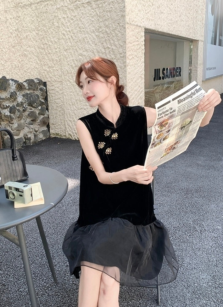 Elegant Black Mandarin Collar A Line Dress
