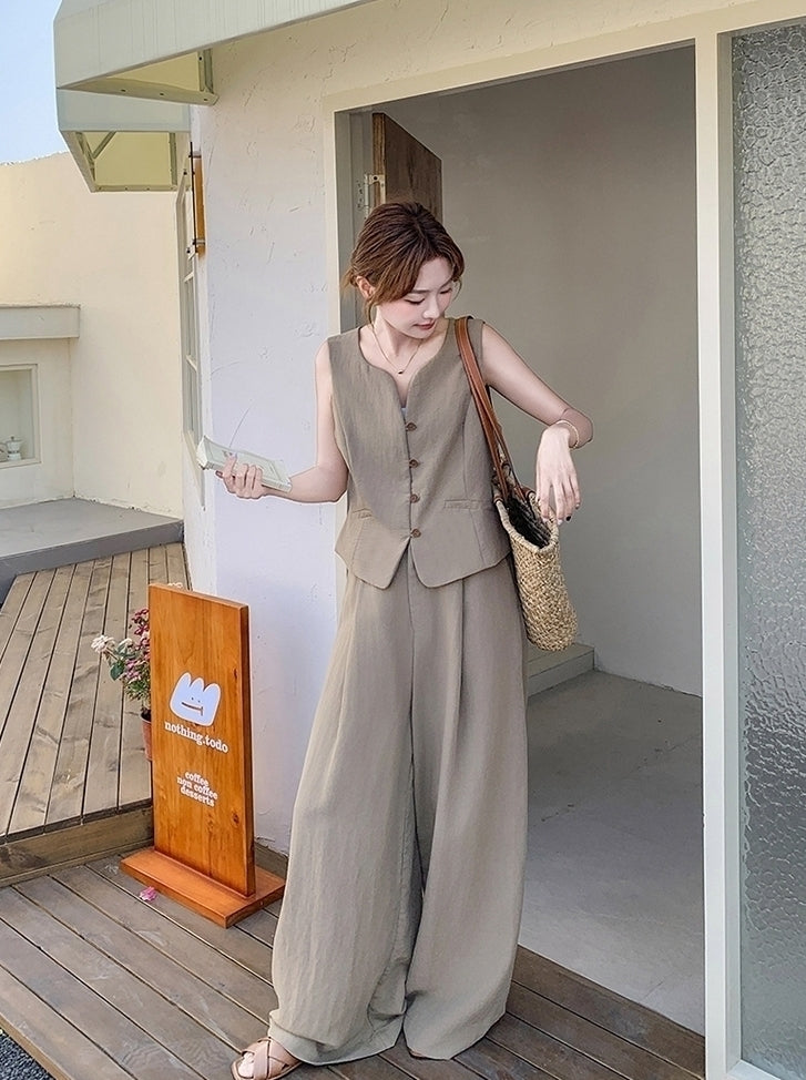 Elegant Blazer Vest Wide Leg Pants Set