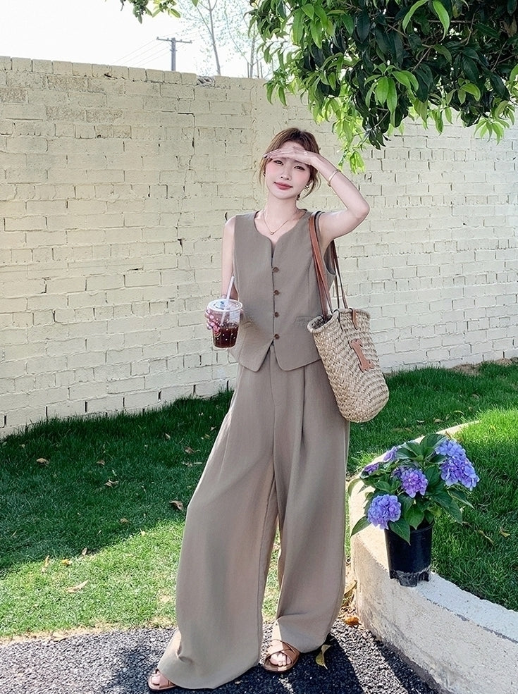 Elegant Blazer Vest Wide Leg Pants Set