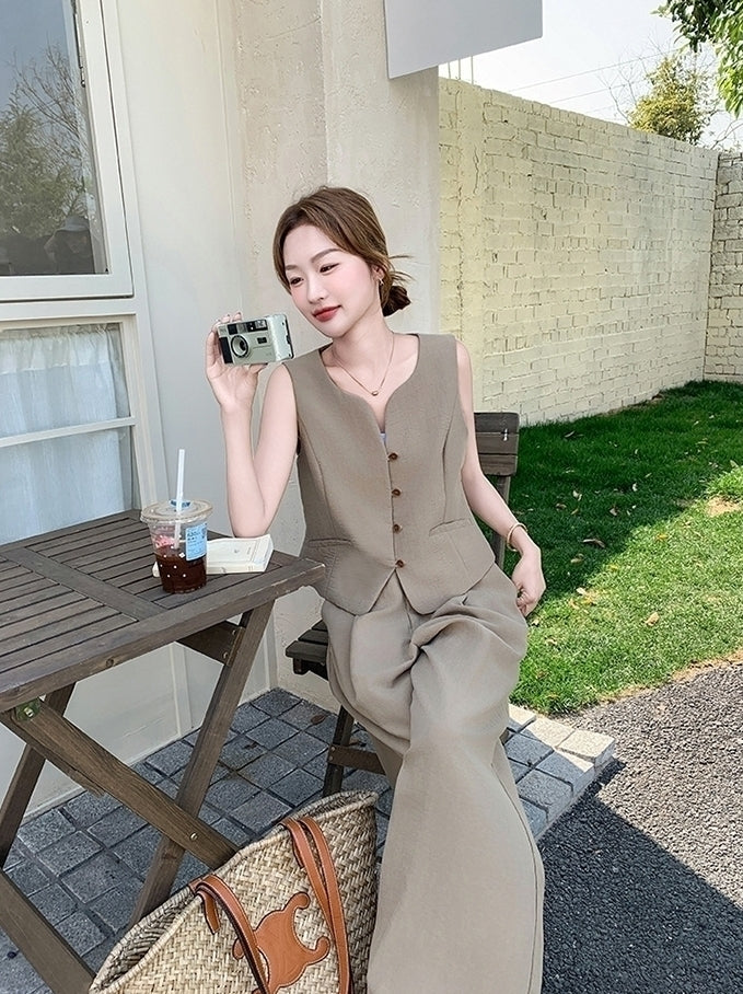 Elegant Blazer Vest Wide Leg Pants Set