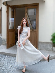 Elegant Blue Floral Lace Midi Cheongsam Dress