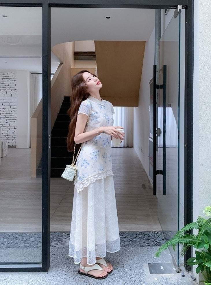 Elegant Blue Floral Lace Midi Cheongsam Dress