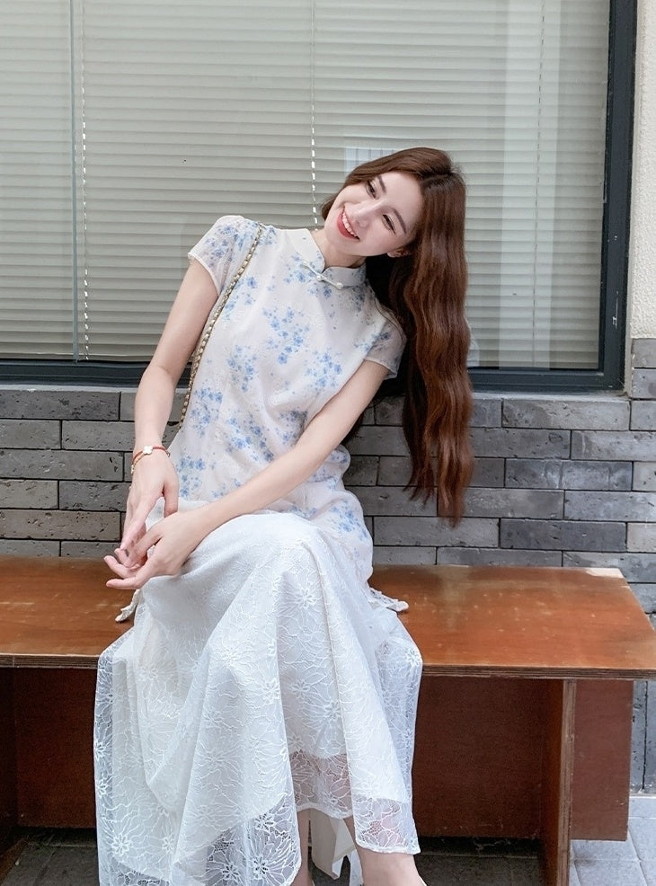 Elegant Blue Floral Lace Midi Cheongsam Dress
