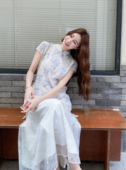 Elegant Blue Floral Lace Midi Cheongsam Dress