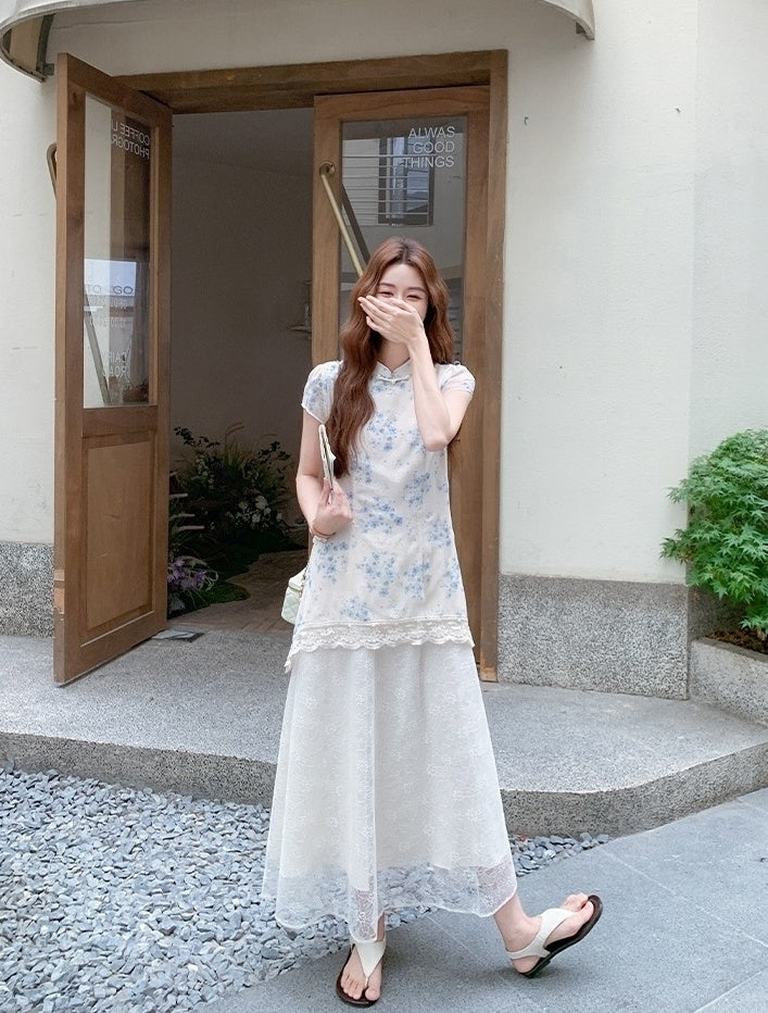 Elegant Blue Floral Lace Midi Cheongsam Dress