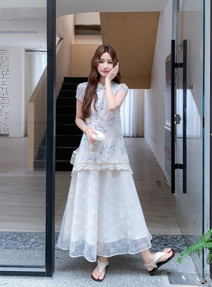 Elegant Blue Floral Lace Midi Cheongsam Dress