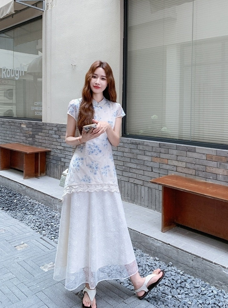 Elegant Blue Floral Lace Midi Cheongsam Dress