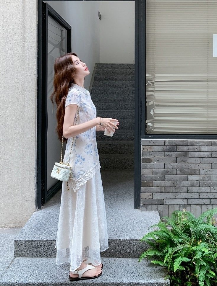 Elegant Blue Floral Lace Midi Cheongsam Dress