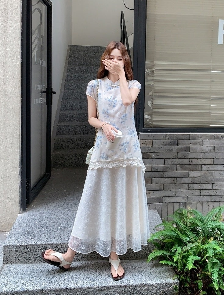 Elegant Blue Floral Lace Midi Cheongsam Dress