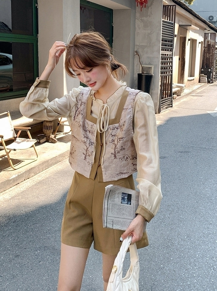 Elegant Chinese Style Floral Vest And Skirt Set
