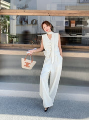 Elegant Cream Vest And Wide Leg Pants Set
