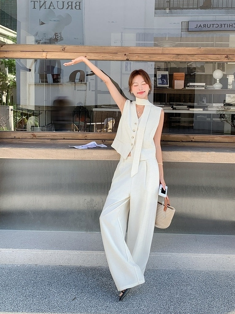 Elegant Cream Vest And Wide Leg Pants Set