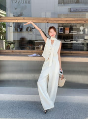 Elegant Cream Vest And Wide Leg Pants Set
