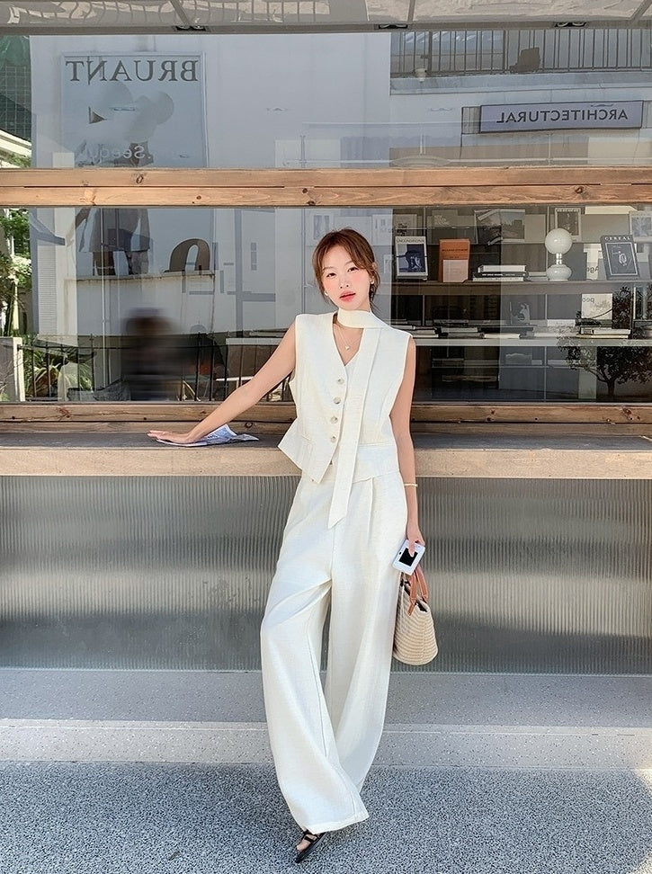 Elegant Cream Vest And Wide Leg Pants Set