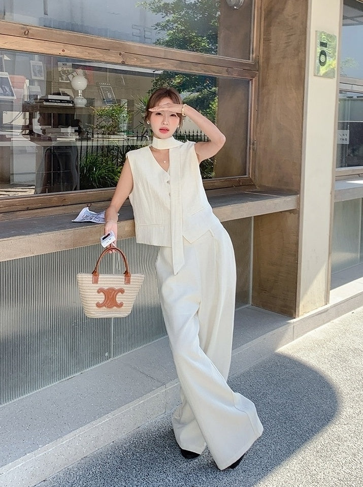 Elegant Cream Vest And Wide Leg Pants Set