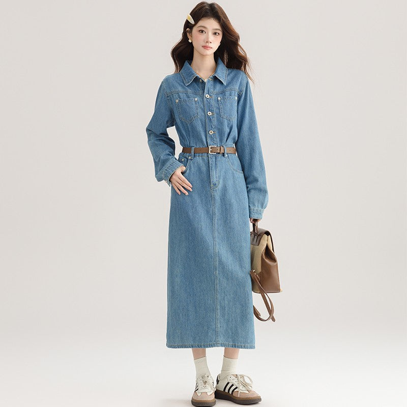 Elegant Denim Midi Dress With Back Slit