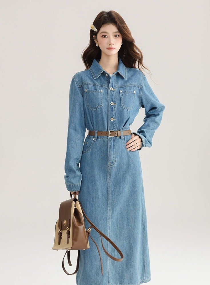 Elegant Denim Midi Dress With Back Slit