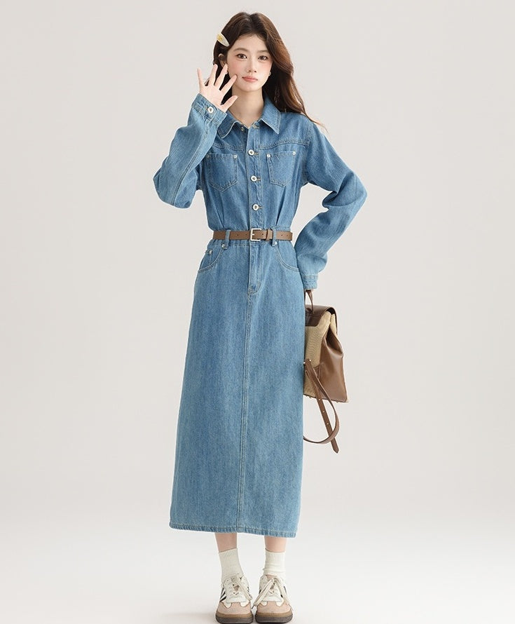 Elegant Denim Midi Dress With Back Slit