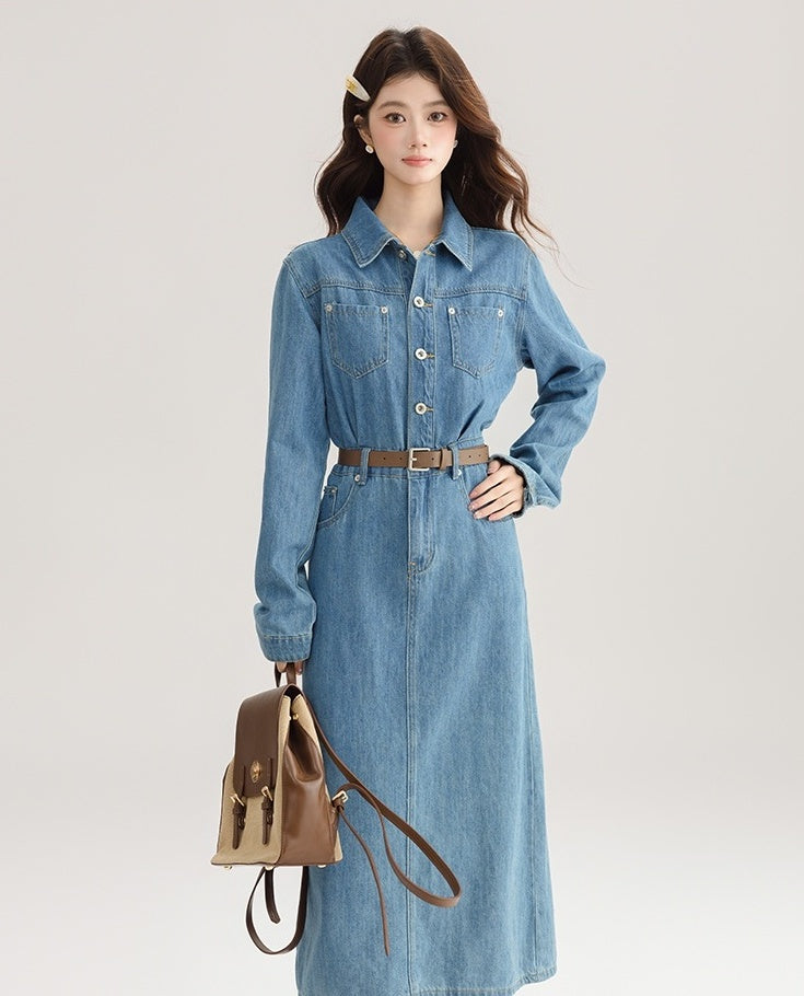 Elegant Denim Midi Dress With Back Slit