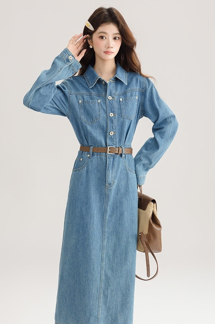 Elegant Denim Midi Dress With Back Slit