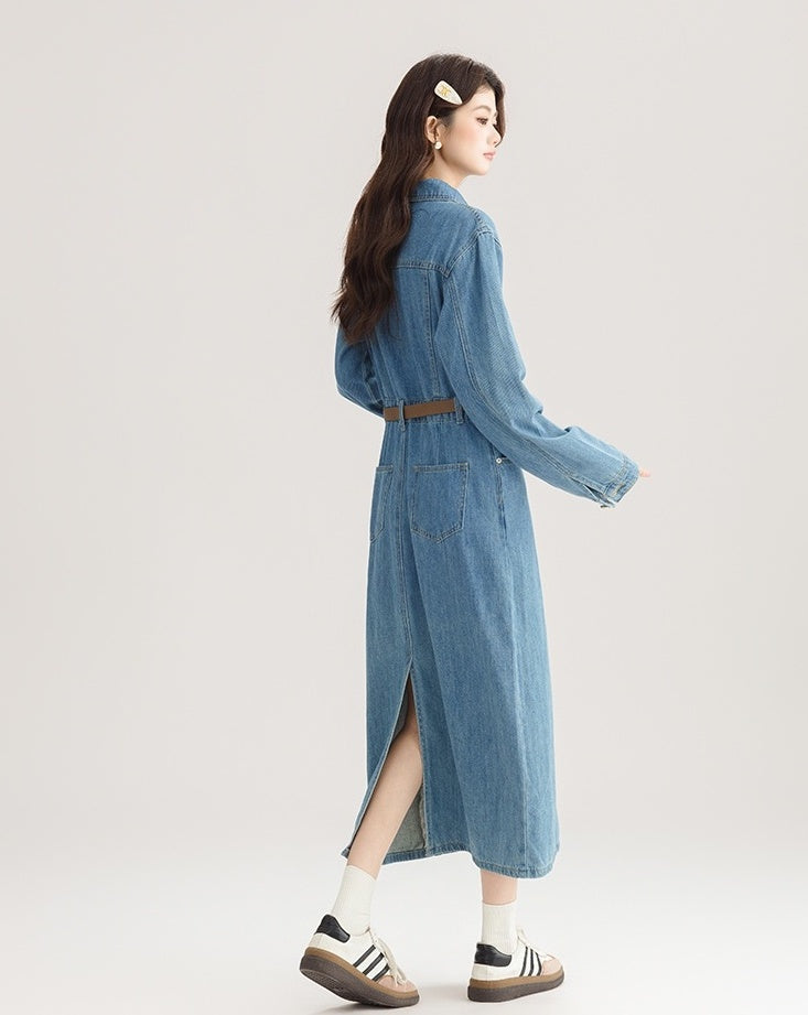 Elegant Denim Midi Dress With Back Slit