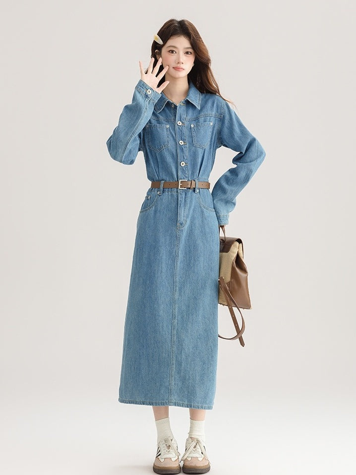 Elegant Denim Midi Dress With Back Slit