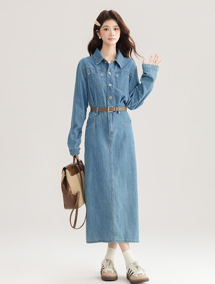Elegant Denim Midi Dress With Back Slit